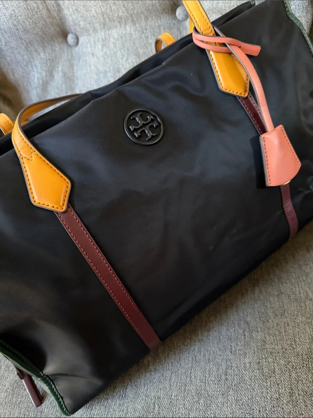 Tory Burch Black Tote with Yellow Handles and Burgundy Trim - Picture 6 of 12